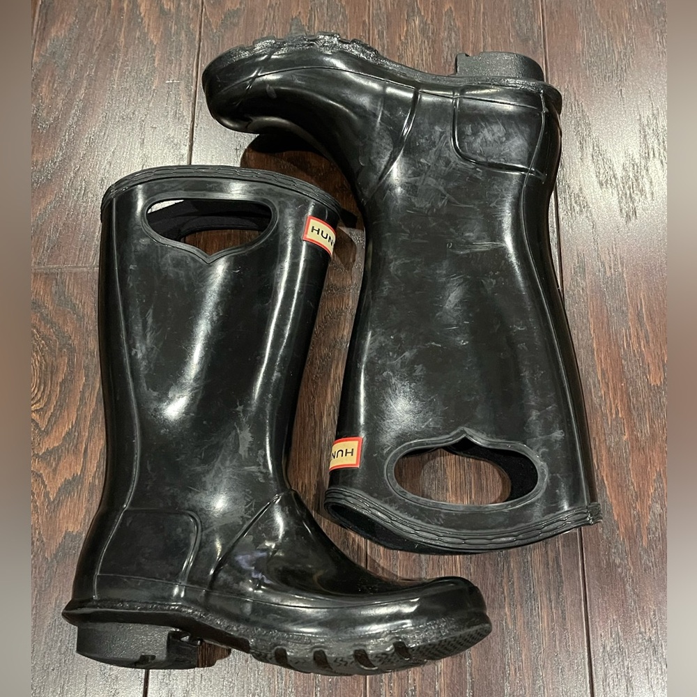 Hunter Kids Pull On Gloss Rain Boots Black UK 2 EU 34 US 3B 4G